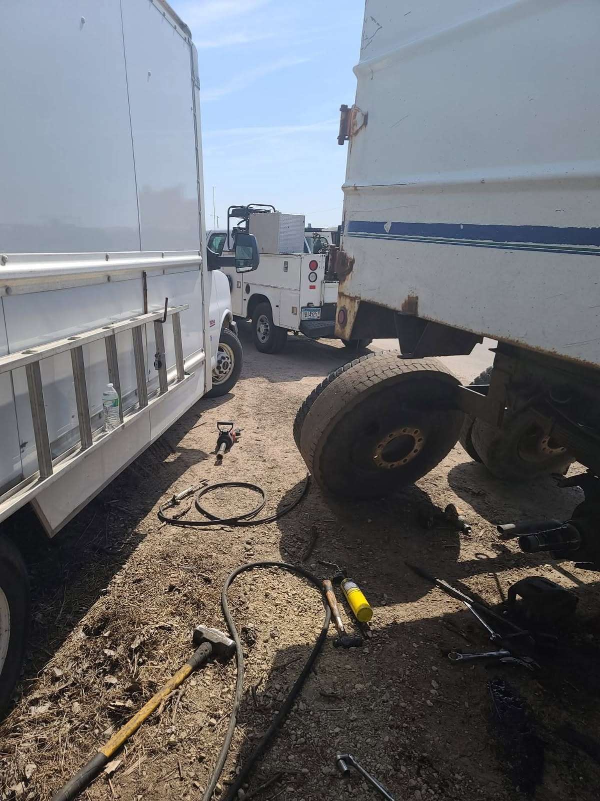 Dual tire removed from a box truck during an on-site tire repair