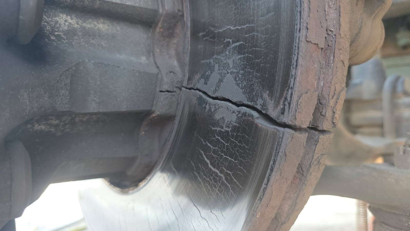 Cracked truck brake drum found during a brake inspection